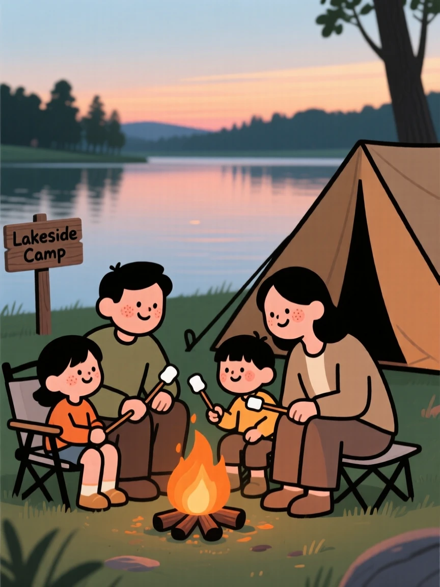 A family sets up camp beside a quiet lake as the last light of day fades behind the tree line, roasting marshmallows around a small fire.