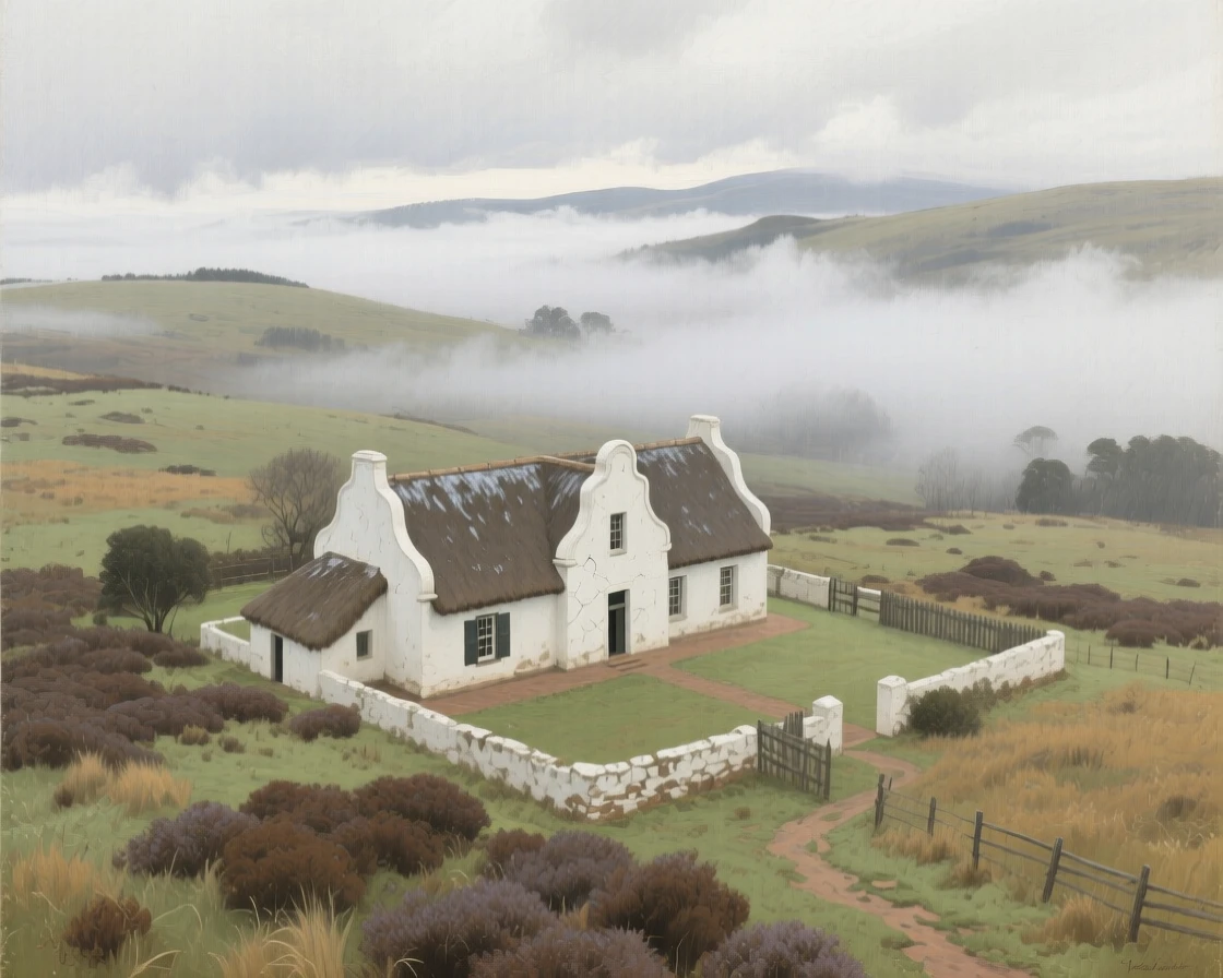 A bird's-eye view of a misty highland moor stretching beneath low clouds, in a Cape Dutch farmstead in South Africa, in deep winter, in thick fog.
