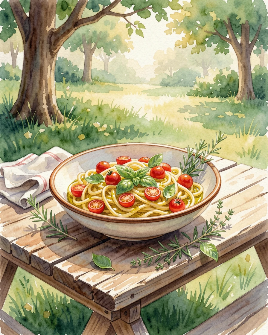 A bowl of pasta with fresh basil and tomatoes at a picnic in a green park garnished with fresh herbs.
