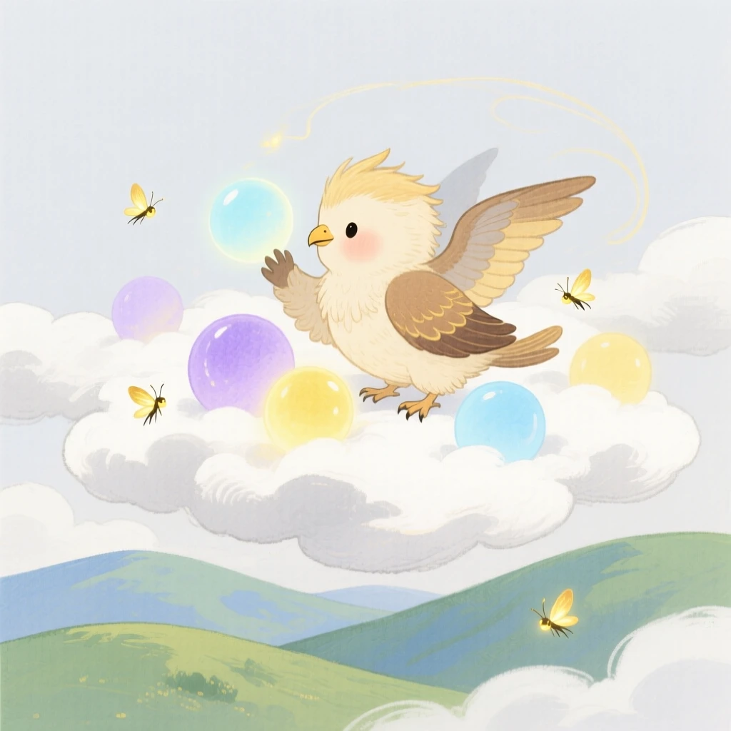 A tiny baby griffin plays among floating glowing orbs in a cloud kingdom above the hills, while fireflies swirl through the air