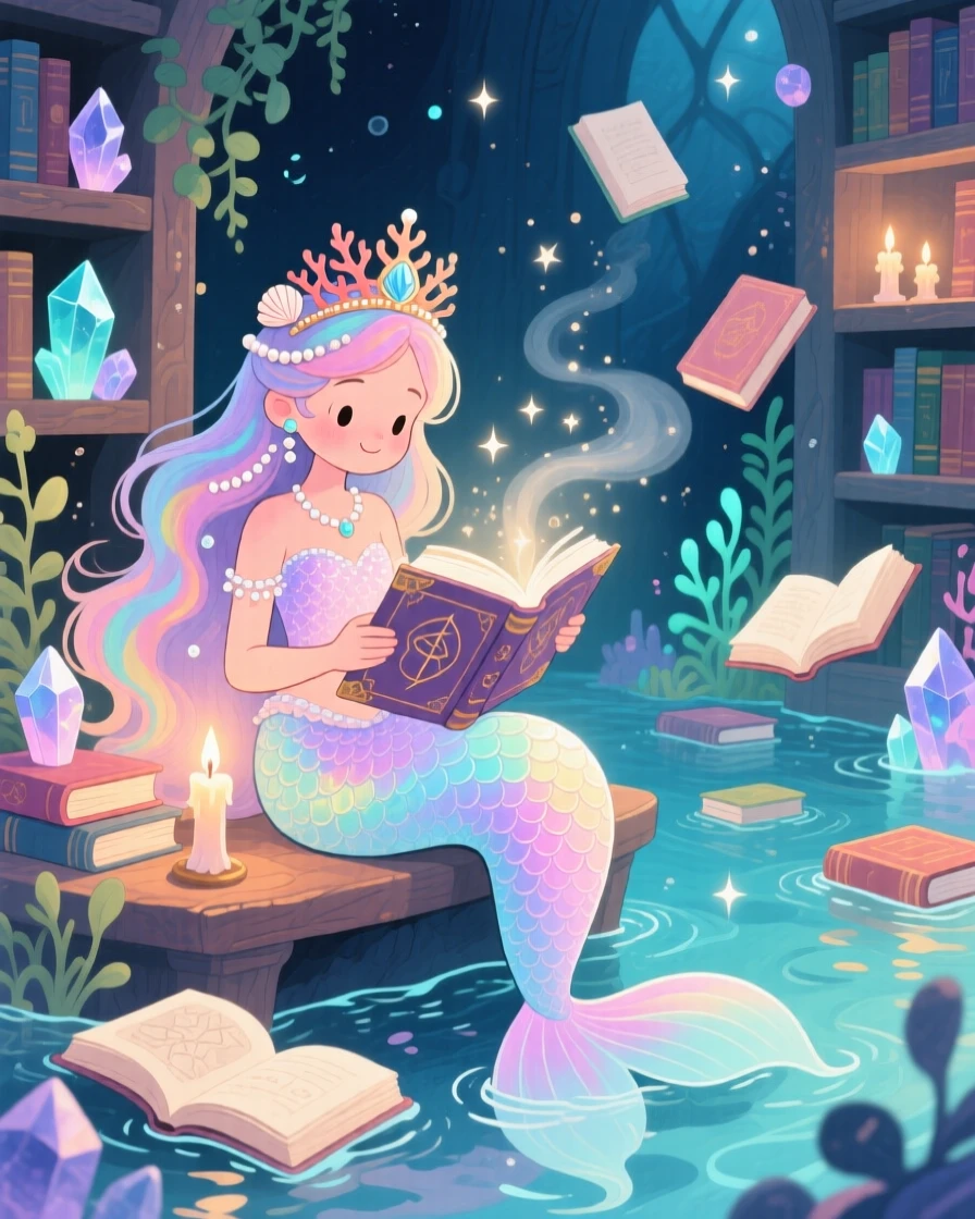 A mermaid princess reading an ancient spellbook by candlelight, in a mystical library with floating books, filled with wonder and magical excitement.
