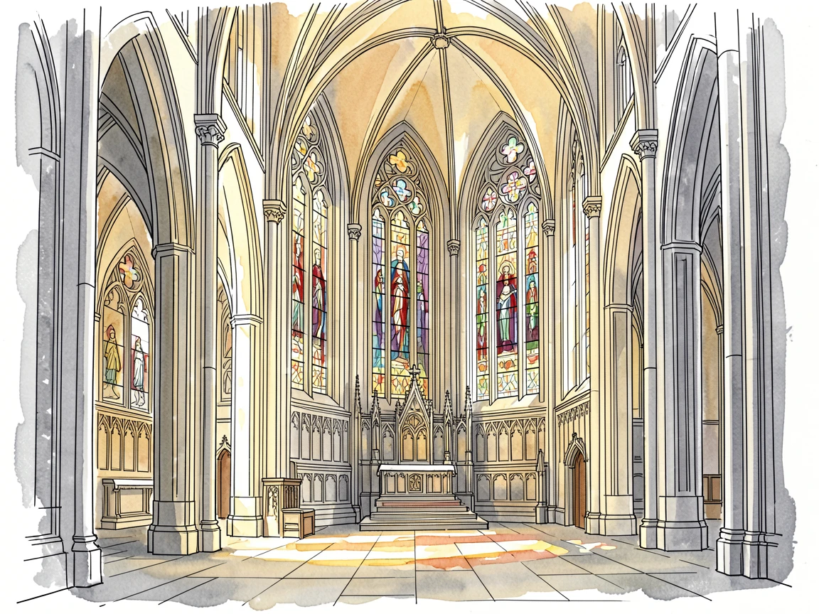 A grand cathedral interior with sunlight streaming through tall stained glass windows onto stone floors