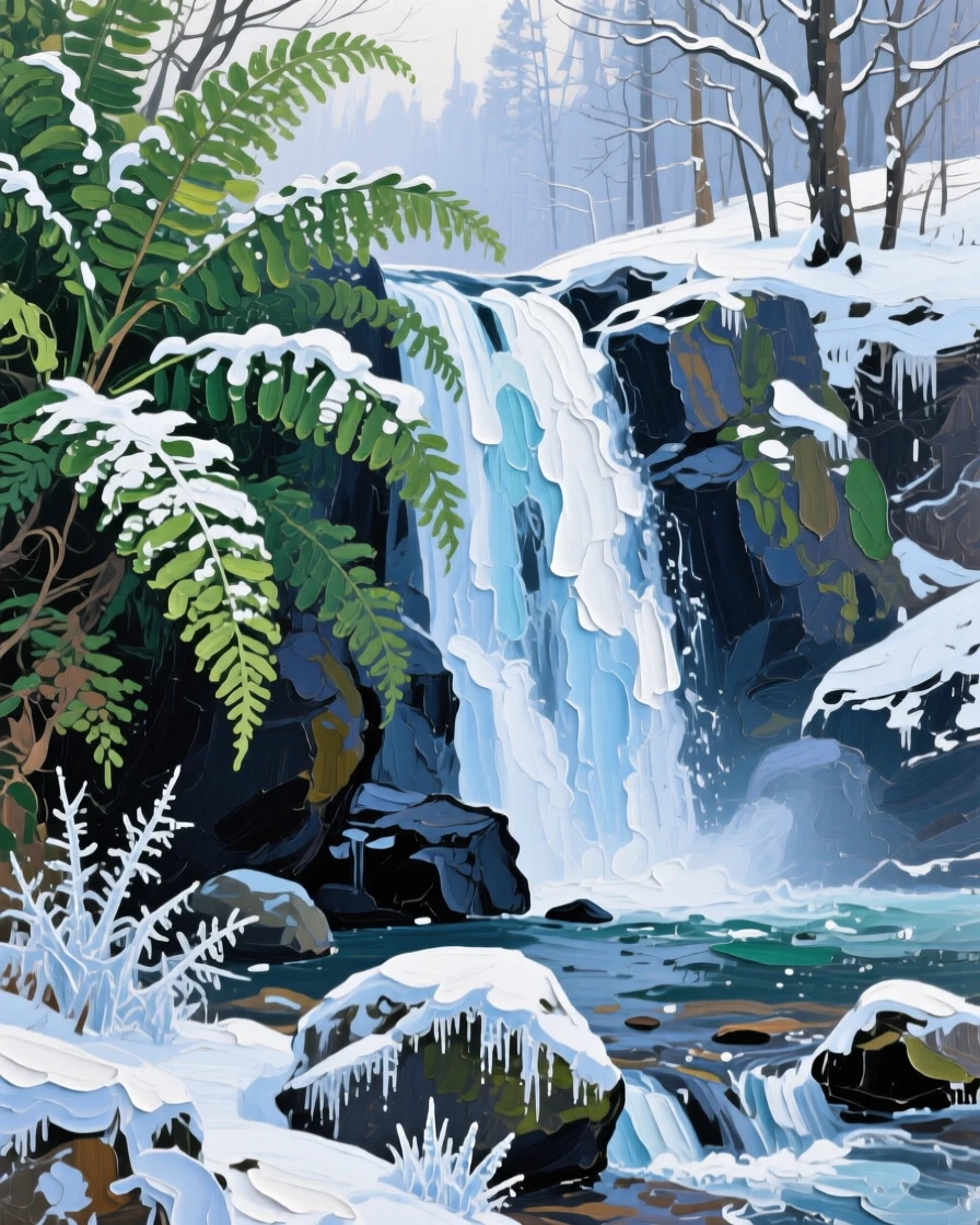 a waterfall hidden behind ferns, on a still winter afternoon, with a clear foreground, subject, and distant setting.