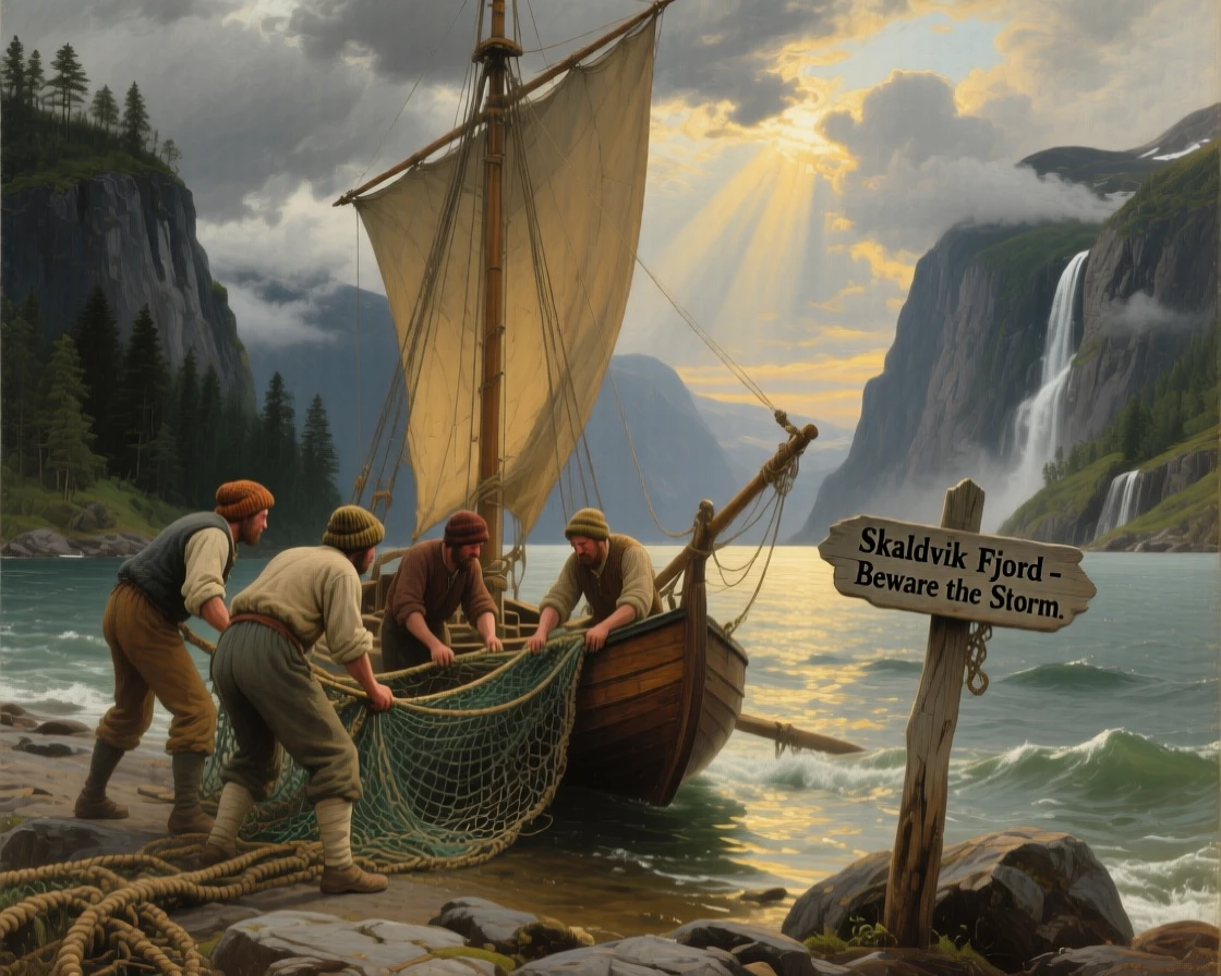 A crew of sailors hauls nets beside a fjord walled by steep cliffs while the wind whips the sails.