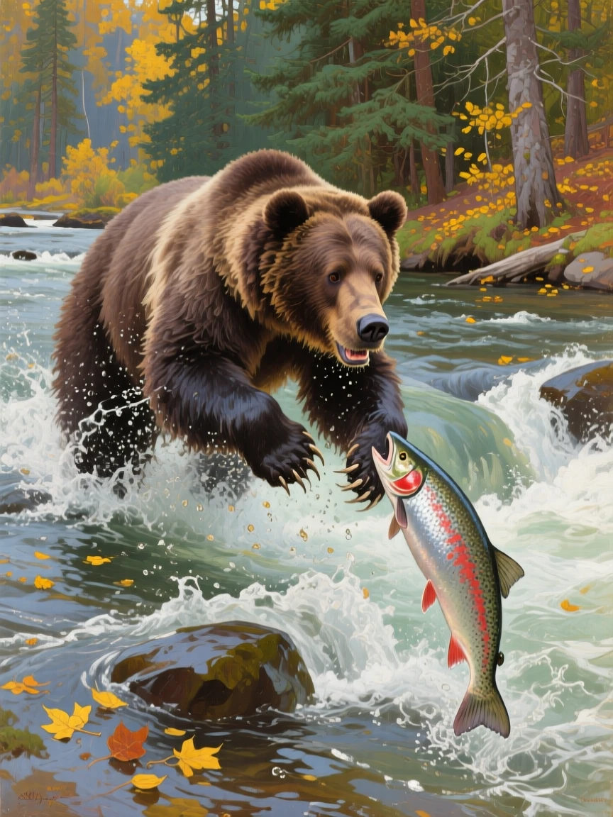 A grizzly bear catching a leaping salmon mid-air in a rushing river, muscles tensed with powerful, controlled grace, highlighting the quiet majesty found in the natural world