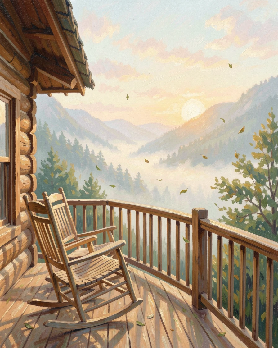 A cozy mountain cabin porch with rocking chairs overlooking a valley blanketed in morning fog.