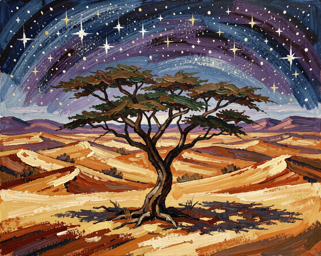 A vast desert under a sky full of stars, a single acacia tree standing alone.