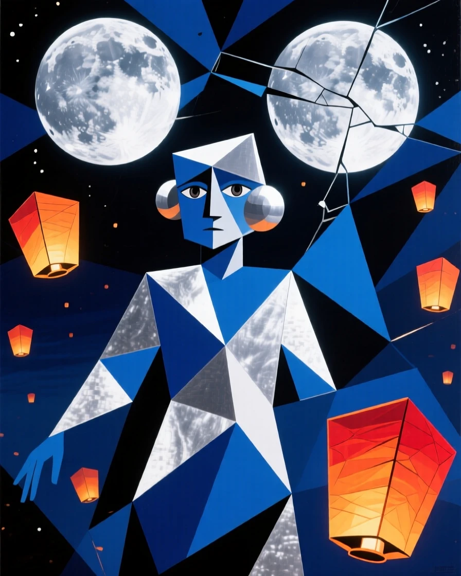 A magical scene of a floating lantern festival spirit beneath twin moons casting silver light.