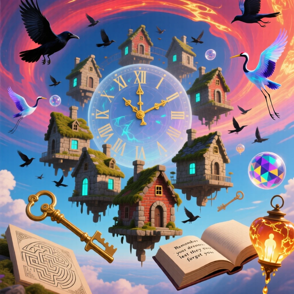 A school of stone houses swimming through open sky rotates gently around an invisible axis, while flocks of birds weave between its floating pieces.