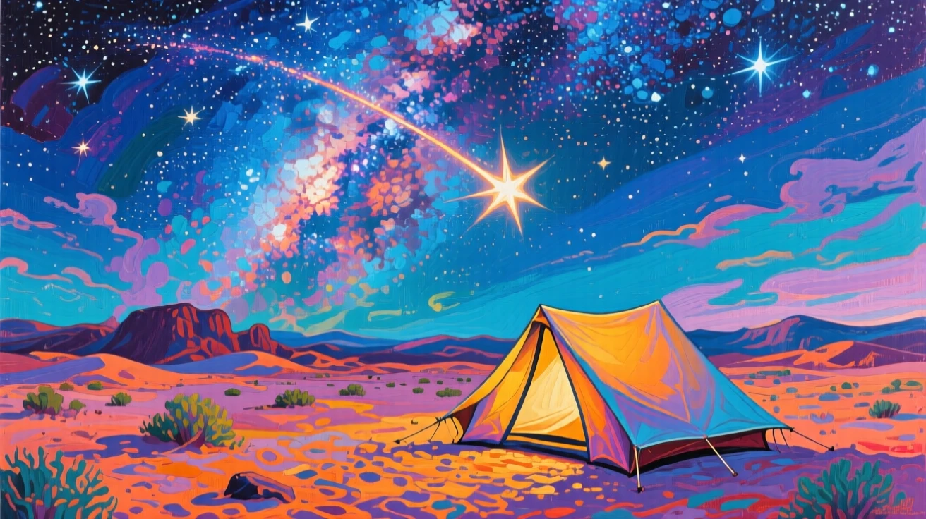 A shooting star crossing the Milky Way above a lone camper's tent in the desert