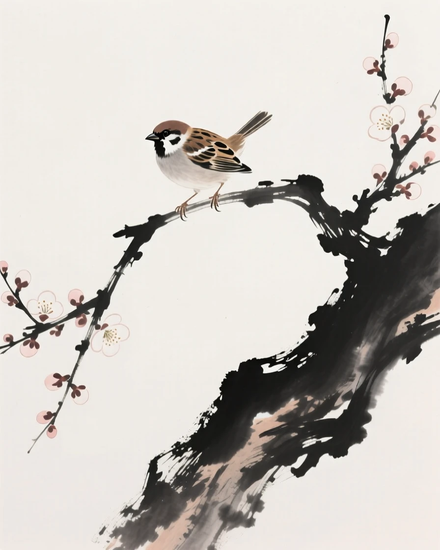 A small sparrow perches on a blossoming branch, as the first light of spring touches the branches.