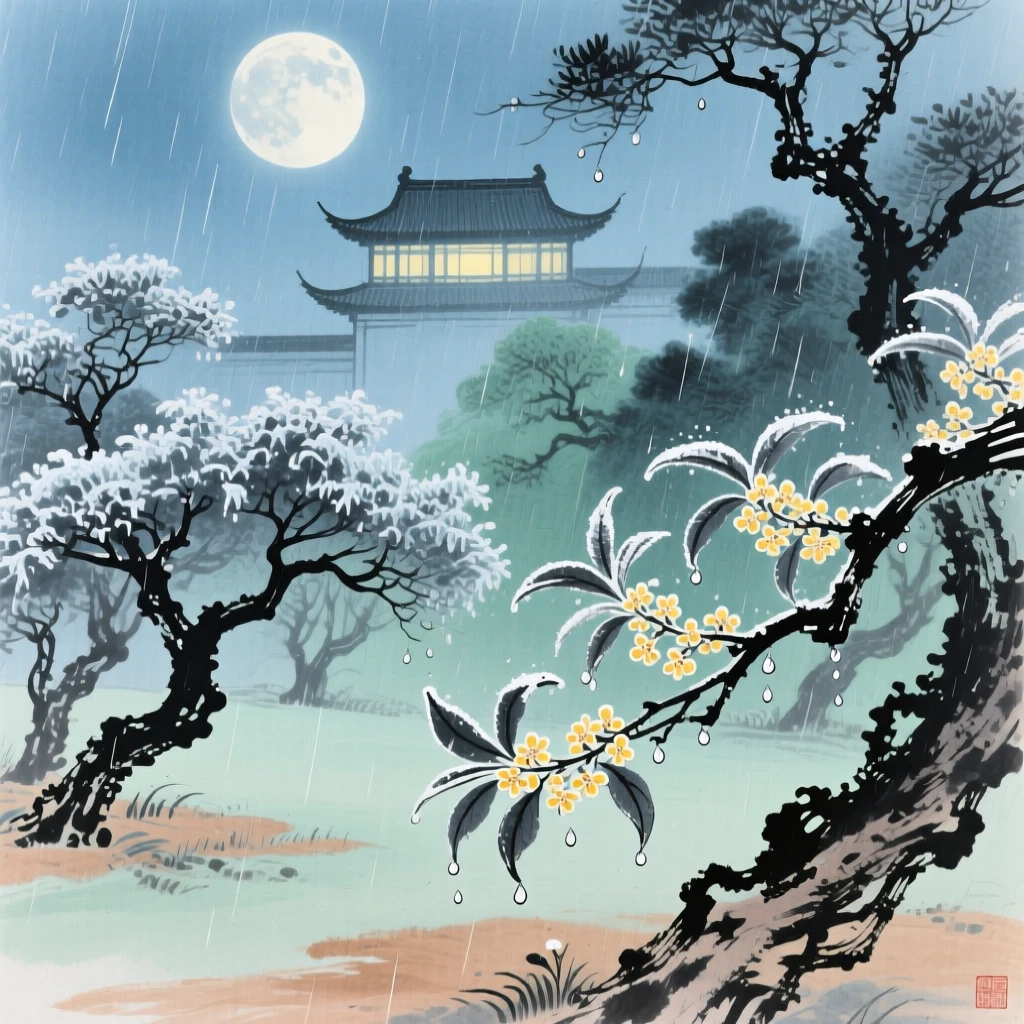 The moon palace glowing softly above a garden of frozen osmanthus trees, just after a rain shower.
