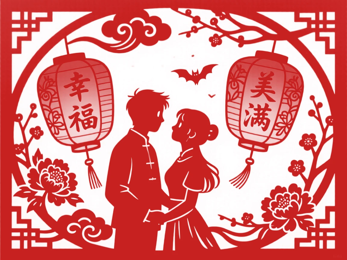 A couple releasing twin lanterns into the night sky together, faces close and eyes shining
