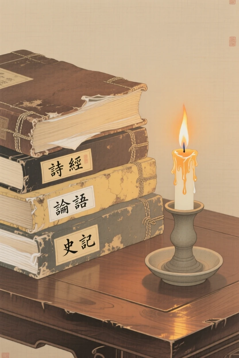 A stack of old books beside a burning candle