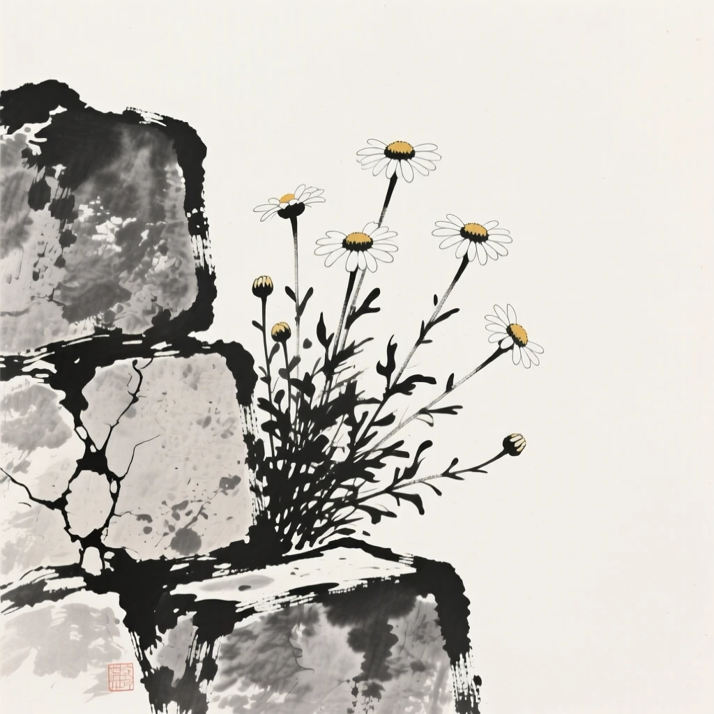 A patch of wild daisies growing from a crack in an old stone wall, framed asymmetrically for quiet visual balance, conveying gentle stillness and natural harmony.