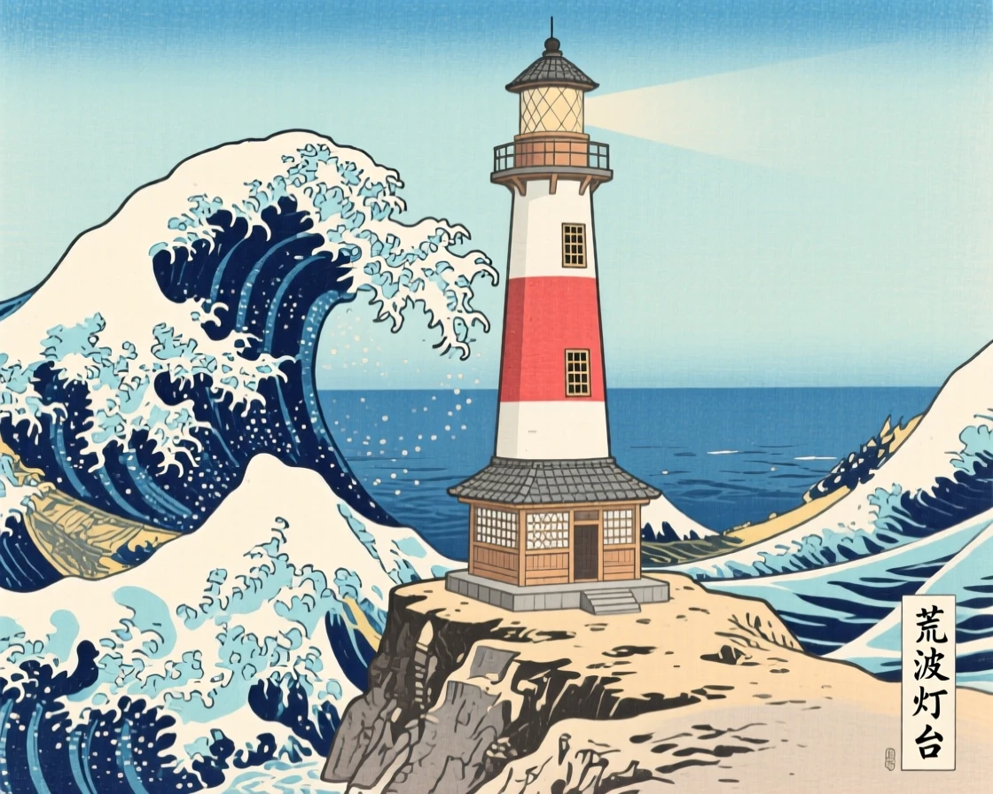 A lighthouse on a stony point beneath towering ocean waves, beneath a clear midday sky.