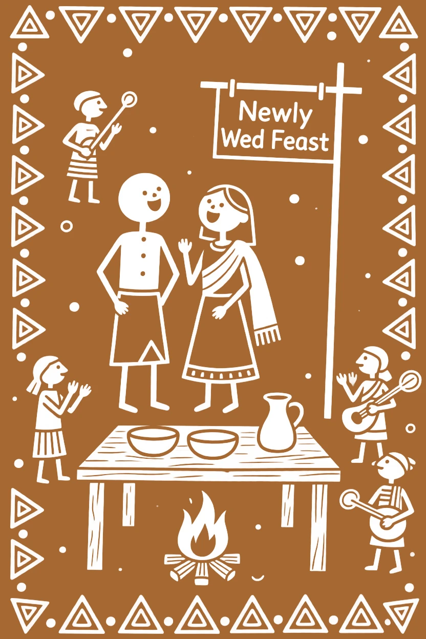 A newly married couple singing together around a fire at a simple wooden dining table.