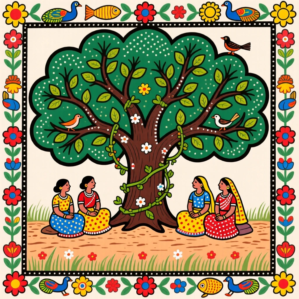 A fig tree offering shade to travelers resting along a dusty road.