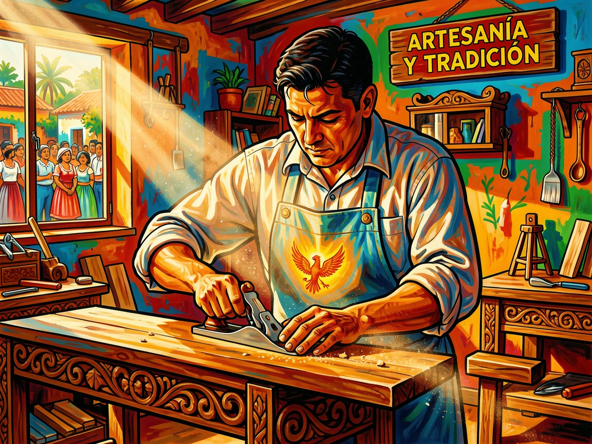 A carpenter crafting furniture in a sunlit workshop