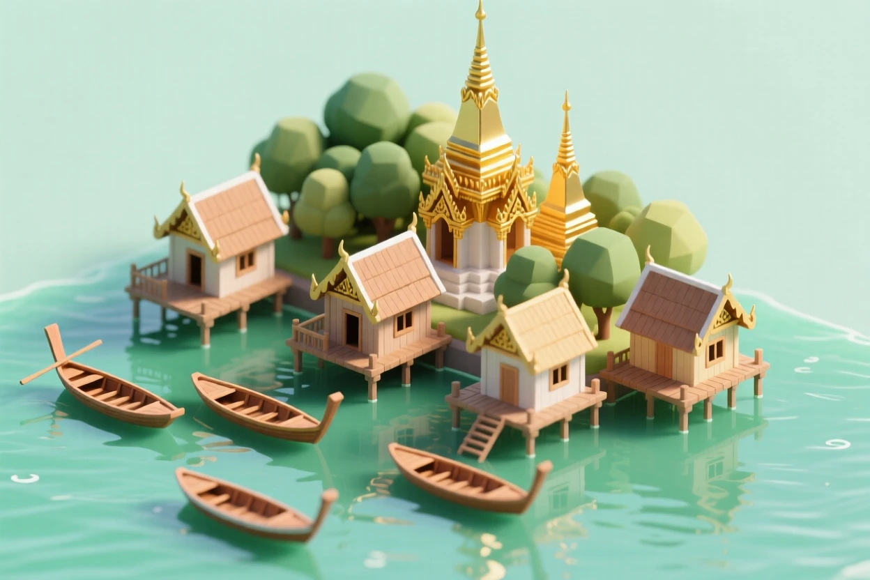 A miniature Thai floating village with stilted homes over emerald water, longtail boats gliding between houses, and golden temple spires rising above the treeline.
