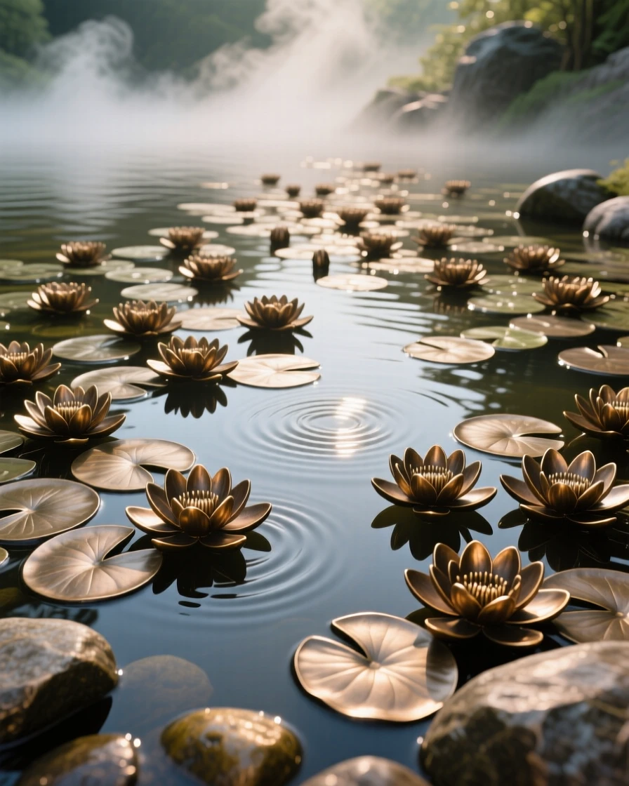 A peaceful pond covered in blooming water lilies, with soft mist adding a dreamlike quality, offering a breathtaking sense of place