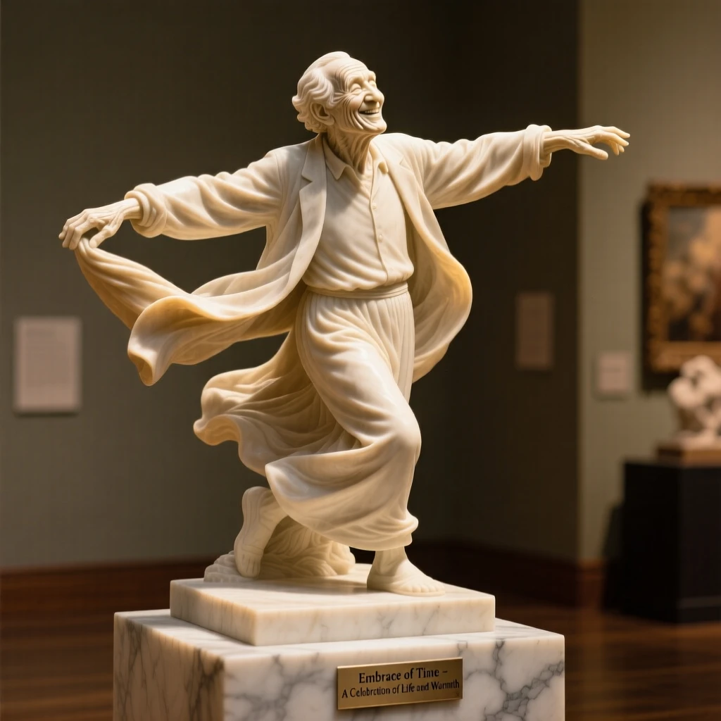 A tender portrait of an elderly man, twirling with arms outstretched, bathed in golden hour light, evoking warmth and humanity