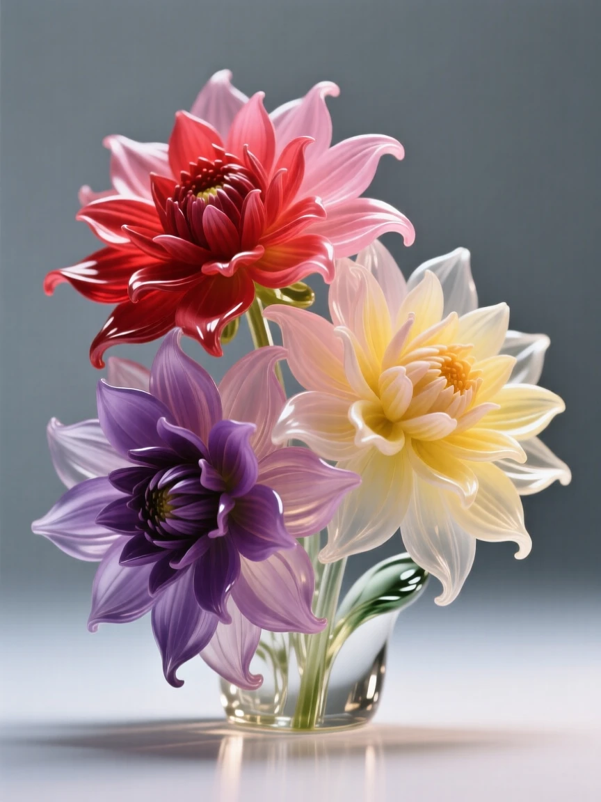 A macro close-up of dahlias in vivid colors, every delicate detail in sharp focus, muted background, conveying delicate beauty and serenity.