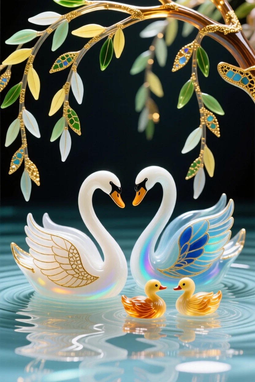 A pair of swans and their cygnets gliding beneath weeping willow branches, tranquil and idyllic.