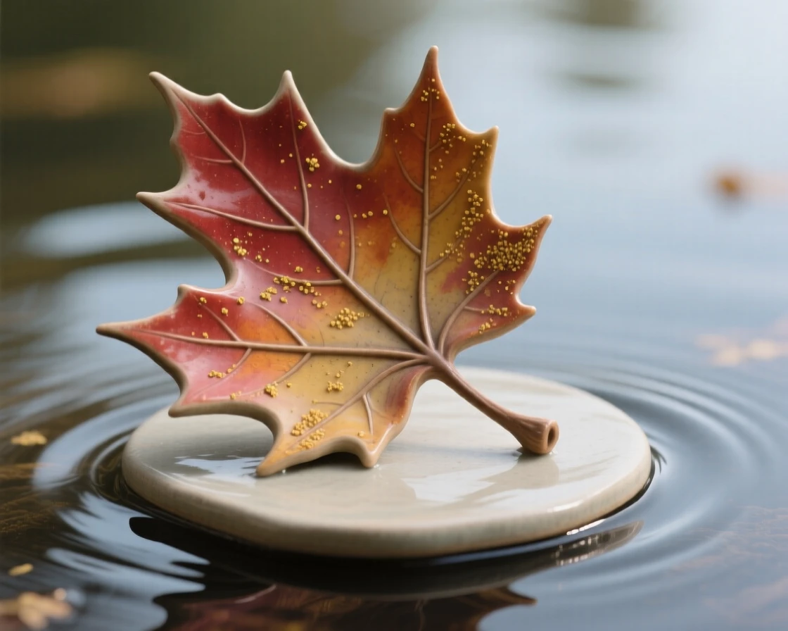 A maple leaf caught mid-fall resting delicately atop still water, dusted with fine pollen, conveying the quiet poetry of the natural world.