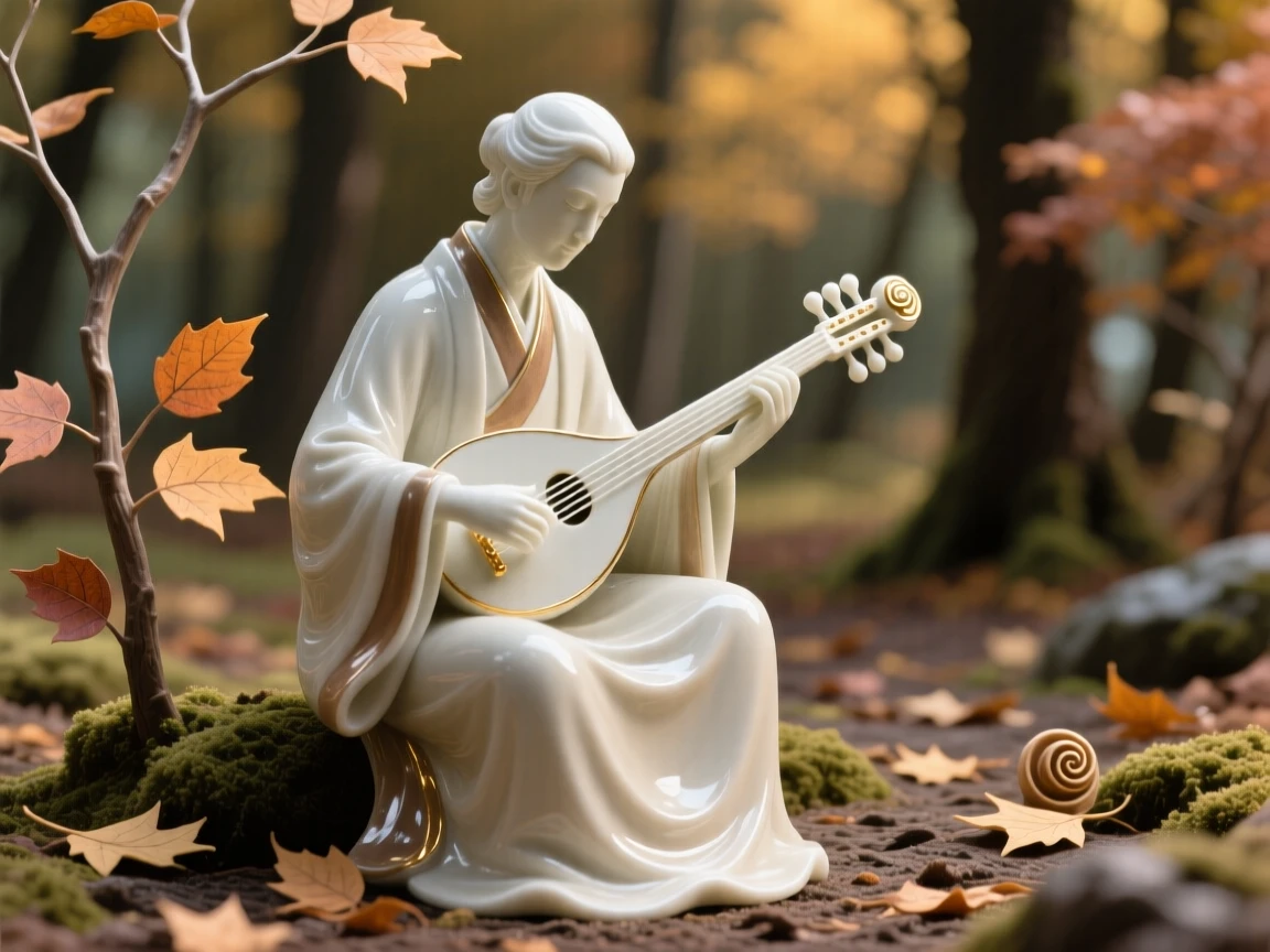 A noble musician seated in quiet contemplation in an autumn forest clearing, the scene bathed in golden late-afternoon light.