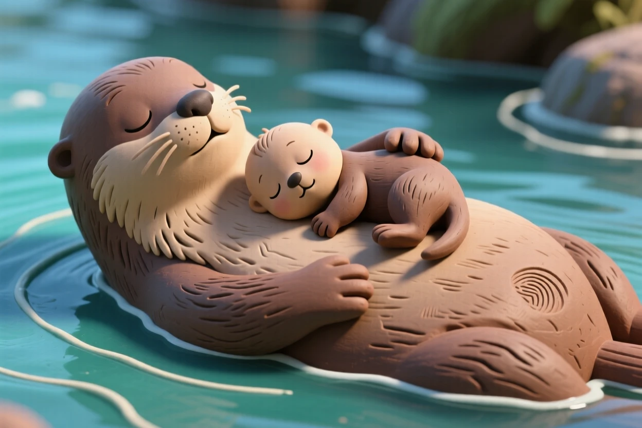 A baby otter sleeping on its mother's chest while floating downstream