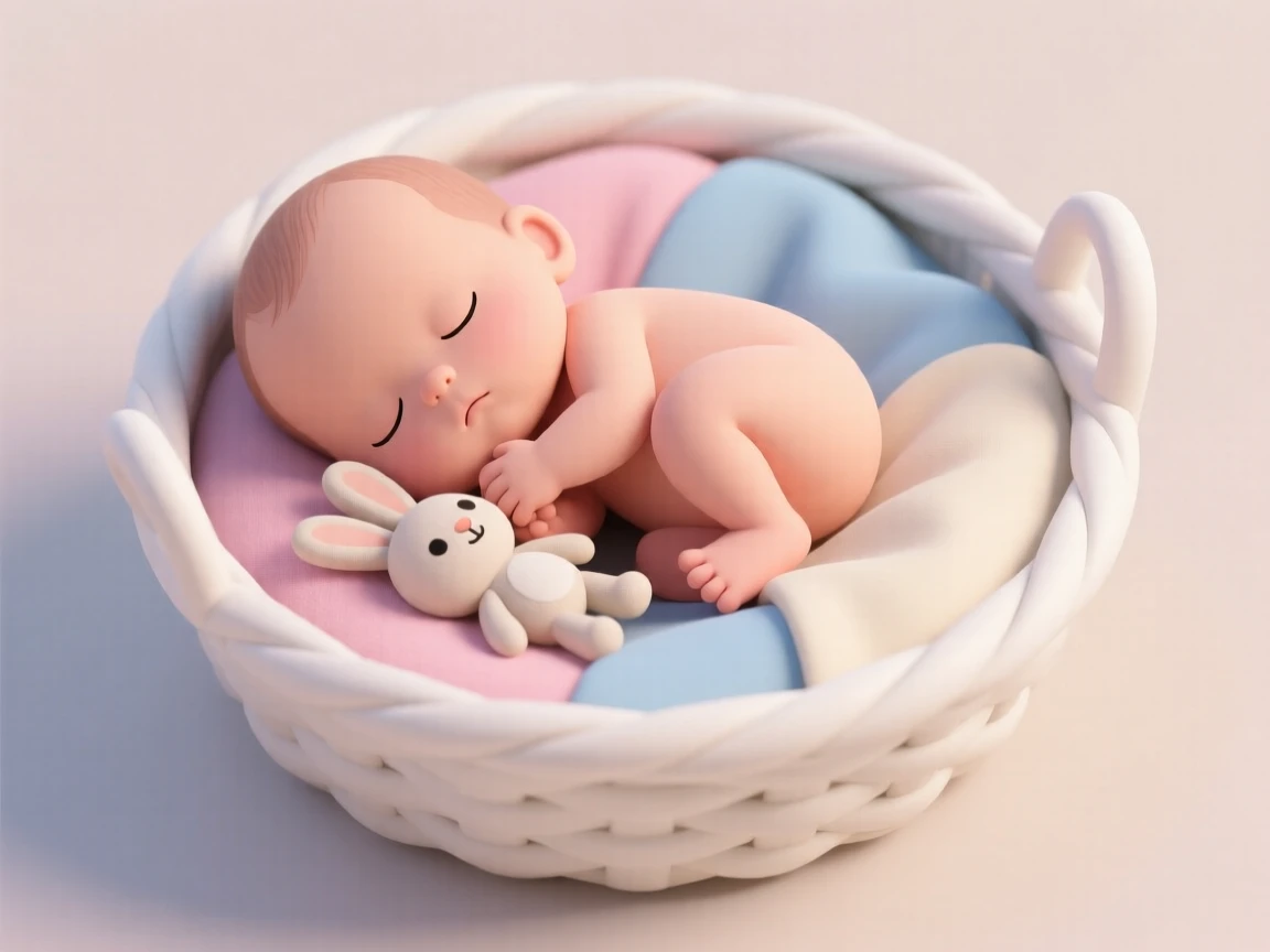 A sleepy newborn baby curls up inside a soft basket lined with pastel blankets, tiny fingers wrapped around a stuffed rabbit.