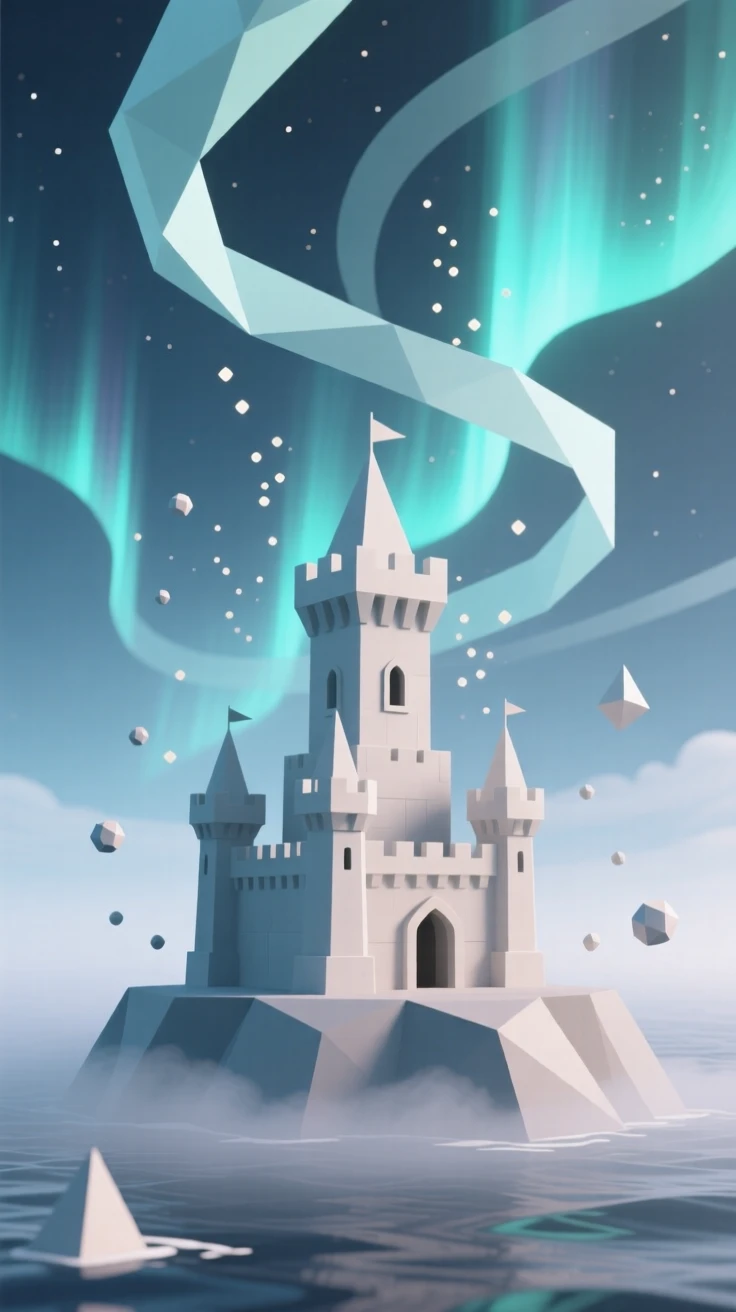 A castle rising from a sea of fog, beneath a sky filled with swirling aurora light. swirling particles of light drift through the air. It radiates a feeling of legendary grandeur.