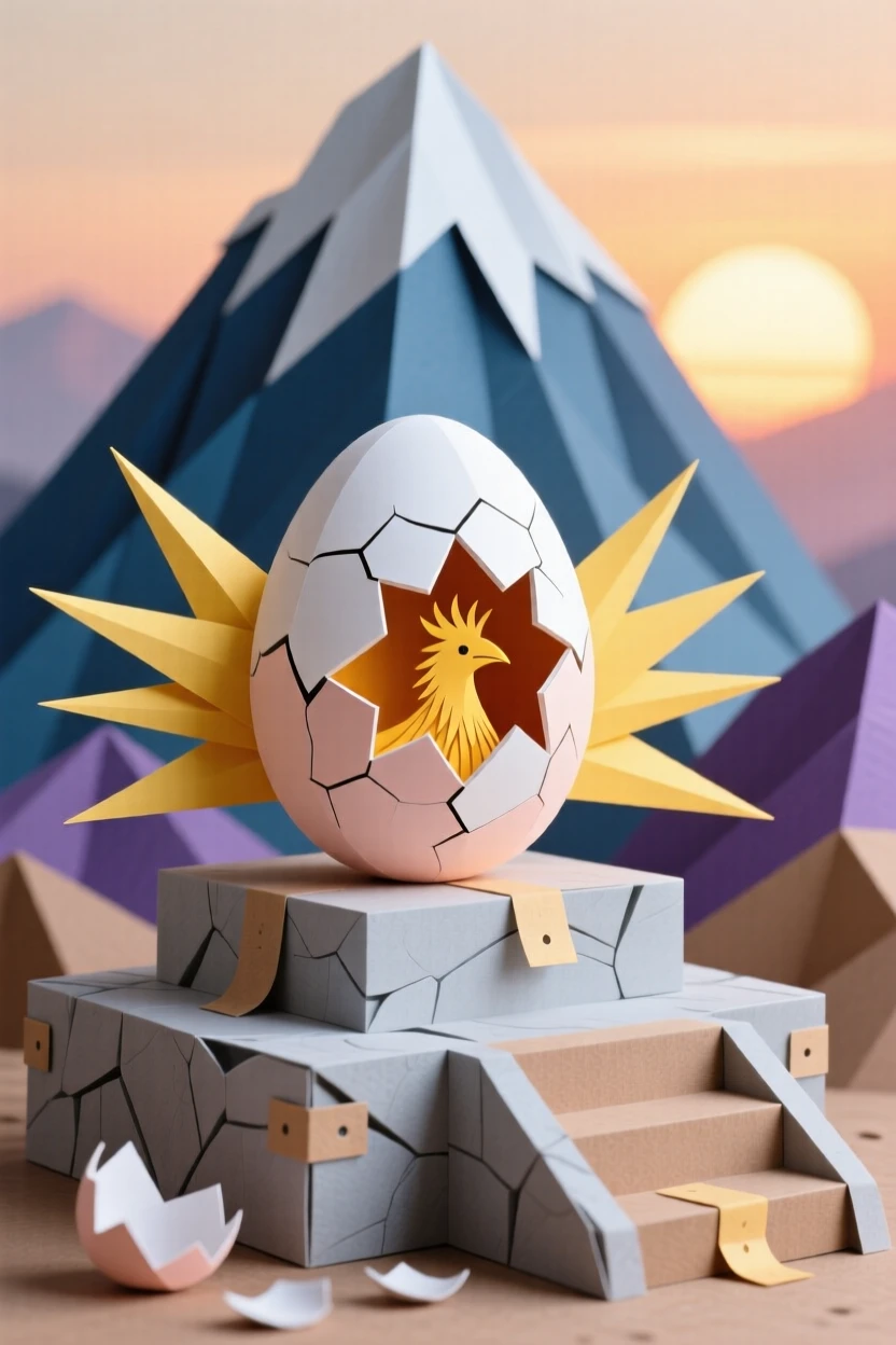 A phoenix egg cracking open atop a mountain altar at sunrise, golden light spilling from within, capturing anticipation and rebirth.