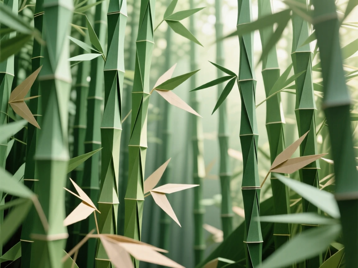 A dense bamboo forest with tall green stalks swaying gently, light filtering through in narrow shafts.
