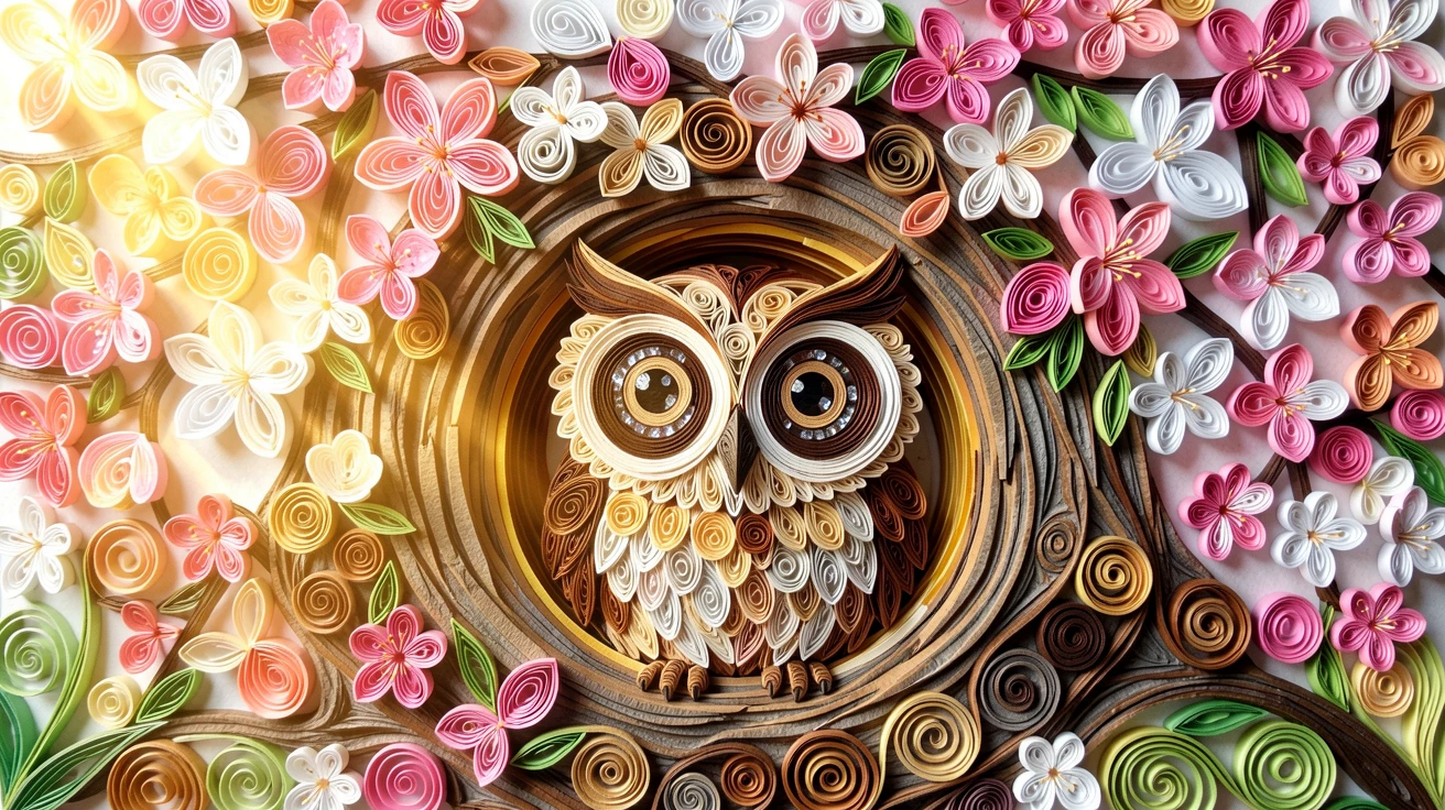 a wide-eyed baby owl peeking out of a tree hollow beneath a canopy of cherry blossom petals, with tiny sparkling highlights catching the light, with soft rays of golden light filtering in from one side.