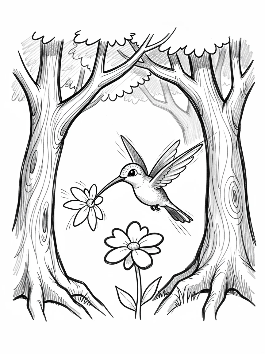 A hummingbird hovering by a flower under a canopy of tall trees.