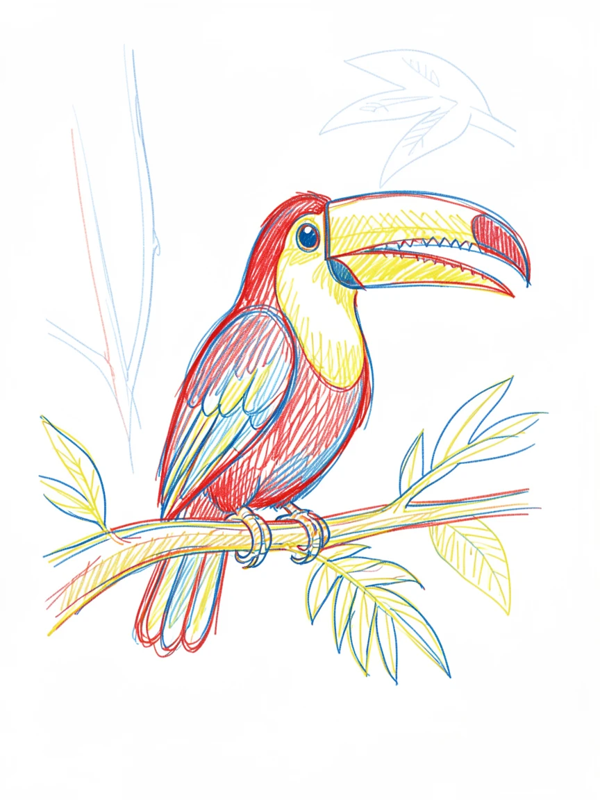 A colorful toucan perched on a branch deep within a tropical rainforest