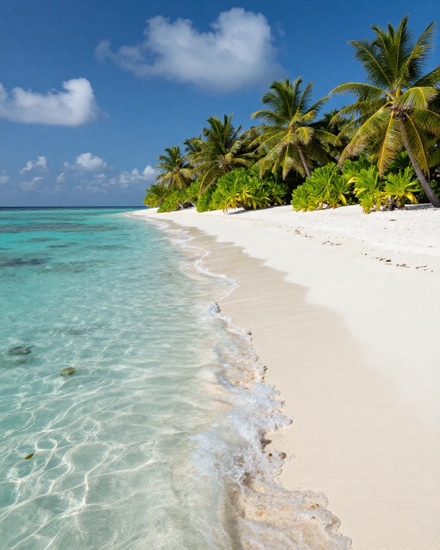 The turquoise waters of the Maldives lapping a white beach