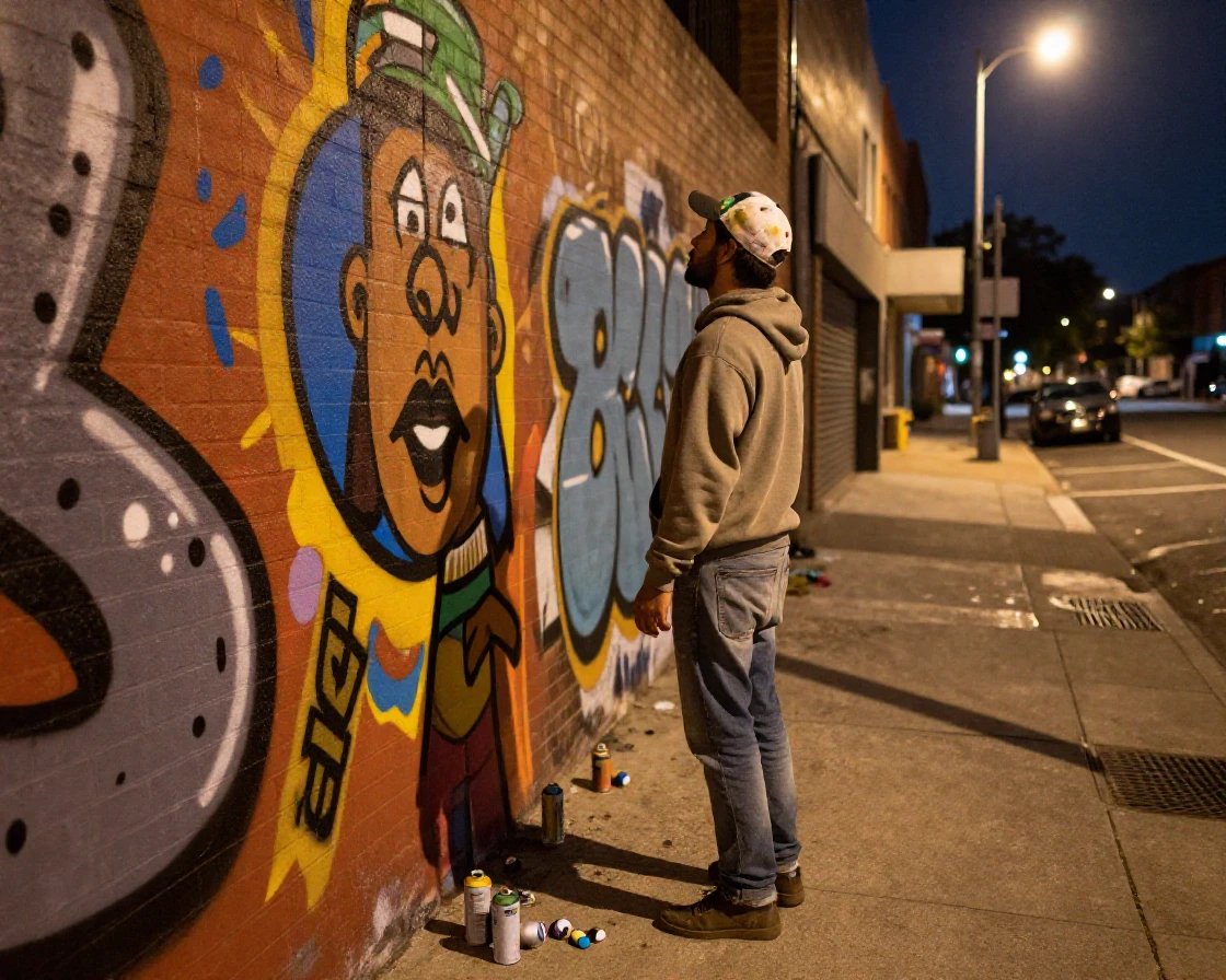 A graffiti artist steps back to review a finished mural under streetlights.