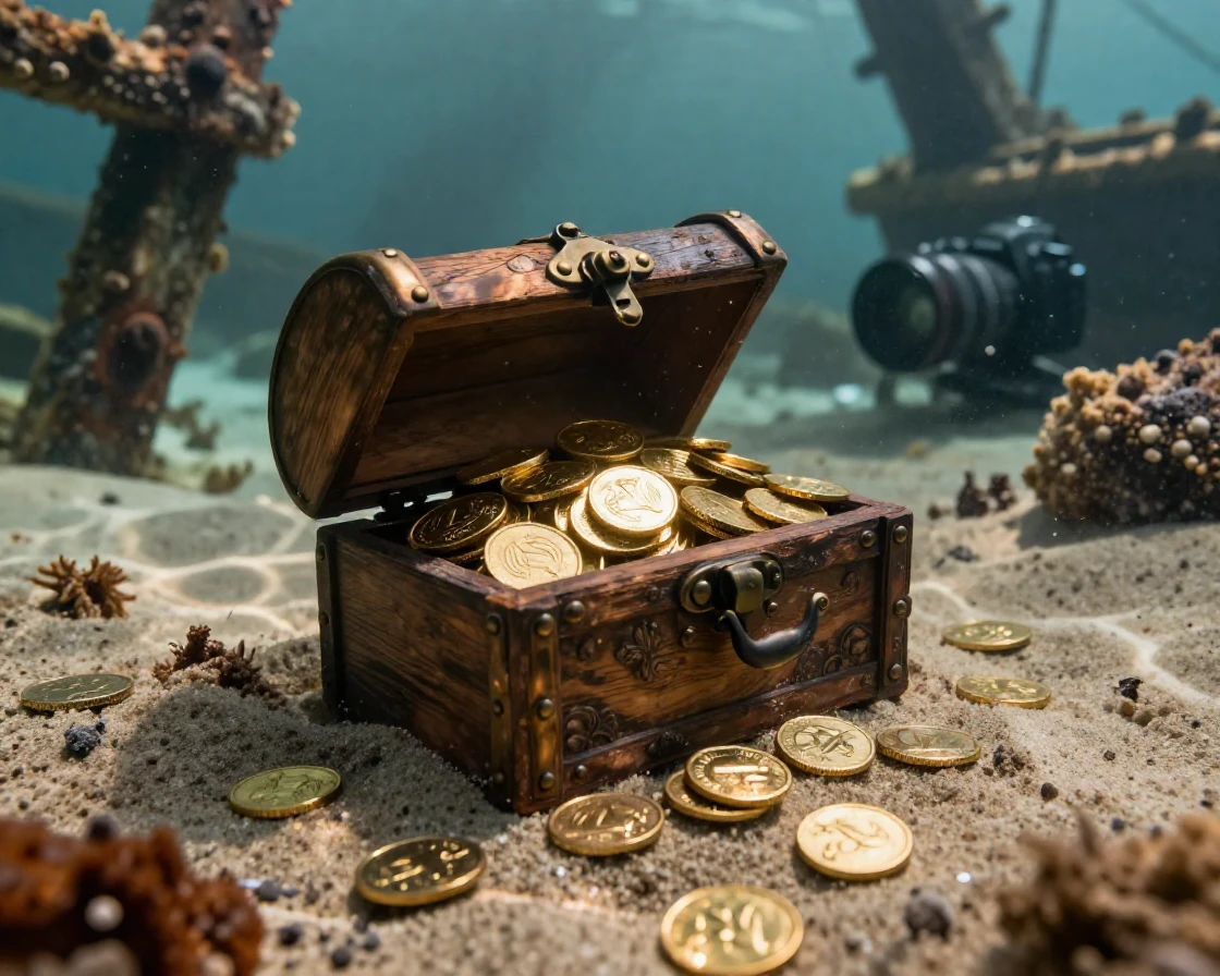 A treasure chest overflowing with gold coins discovered in a sunken shipwreck