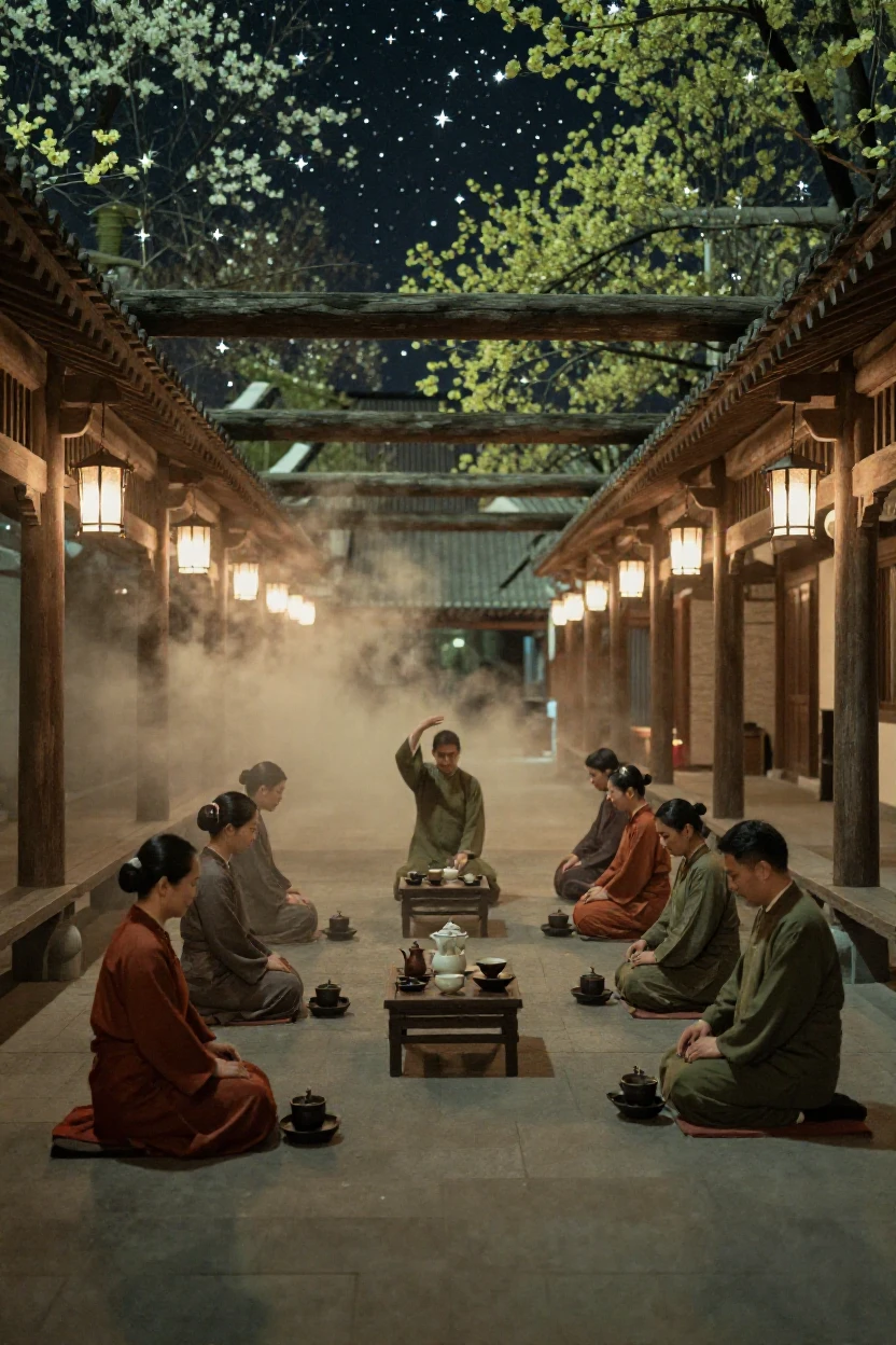 A traditional tea ceremony performed with slow, deliberate movements, under a canopy of stars, as mist rises off the ground, in early spring, with muted olive and rust colors, framed symmetrically down a long corridor.