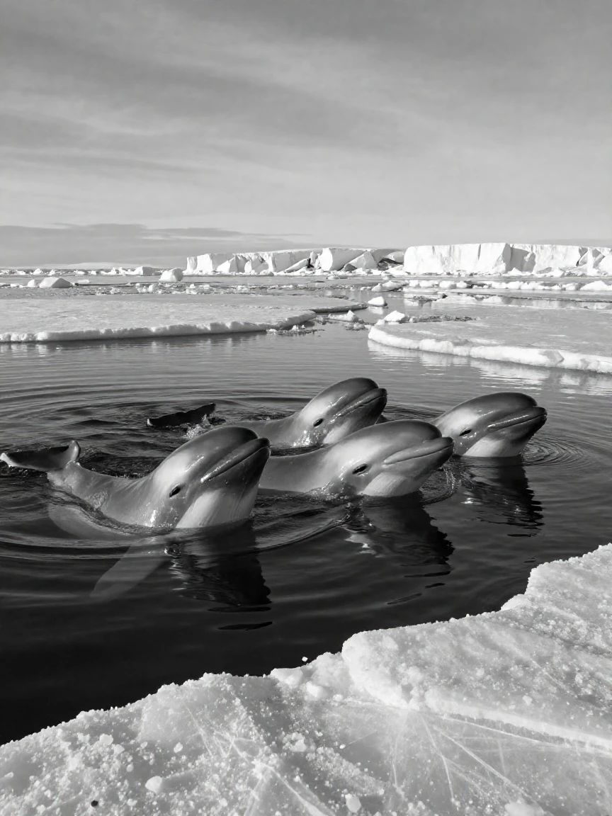 A pod of belugas surfaces through breaking ice in Arctic coastal waters.