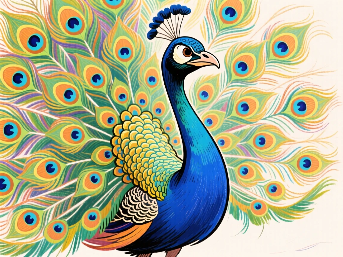A confident peacock fanning out its tail feathers in a dramatic display.
