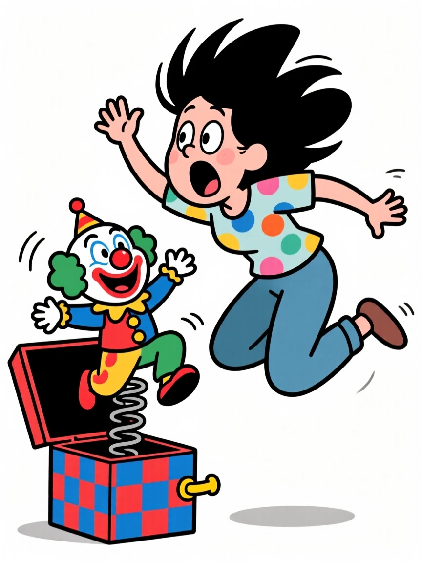 A funny expressive moment showing a woman jumping back in surprise as a jack-in-the-box pops open, hair standing on end.