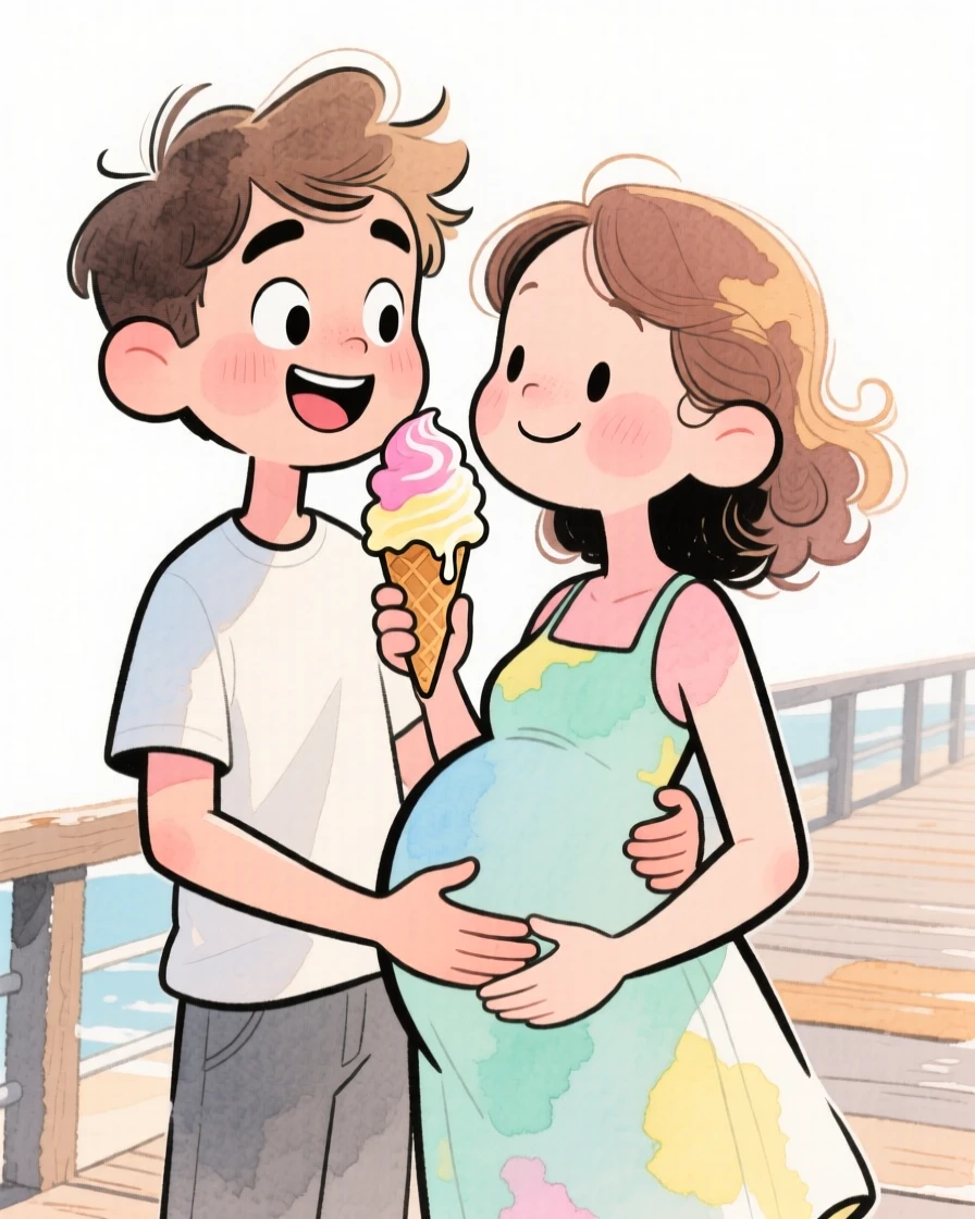 A couple expecting their first child, hands resting on a belly sharing an ice cream cone on a summer boardwalk