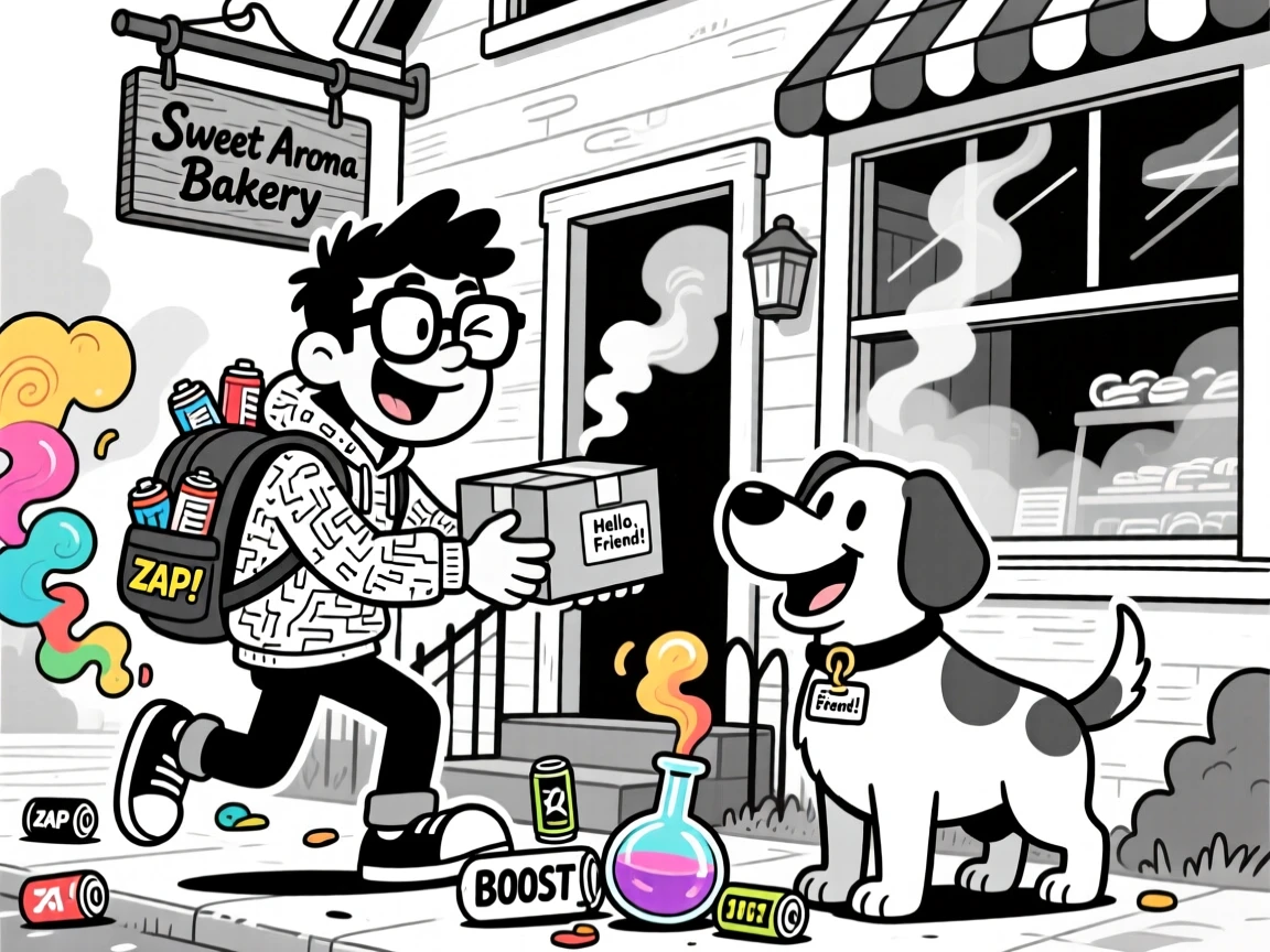 A tech-savvy programmer surrounded by energy drink cans, delivering a package to a house guarded by an overly friendly dog, set in a cozy bakery with steam-fogged windows. Colorful smoke puffs from an overturned flask. The image captures dedication with a wink of playfulness.