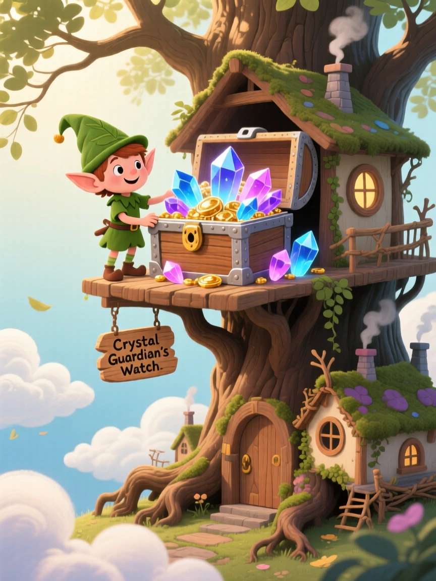 A treehouse elf is guarding a treasure of glowing crystals in a village of tiny cottages built into tree roots, with clouds drifting lazily below.