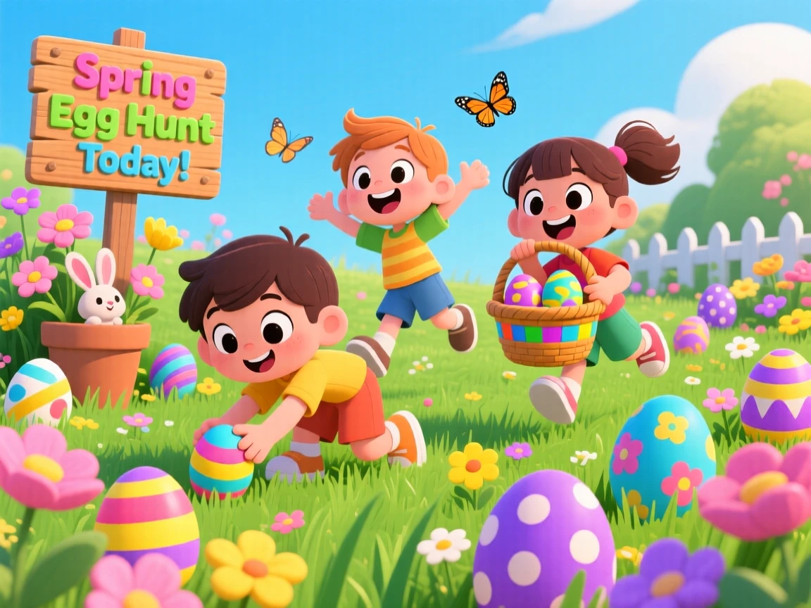Children hunting for painted eggs in a spring garden.