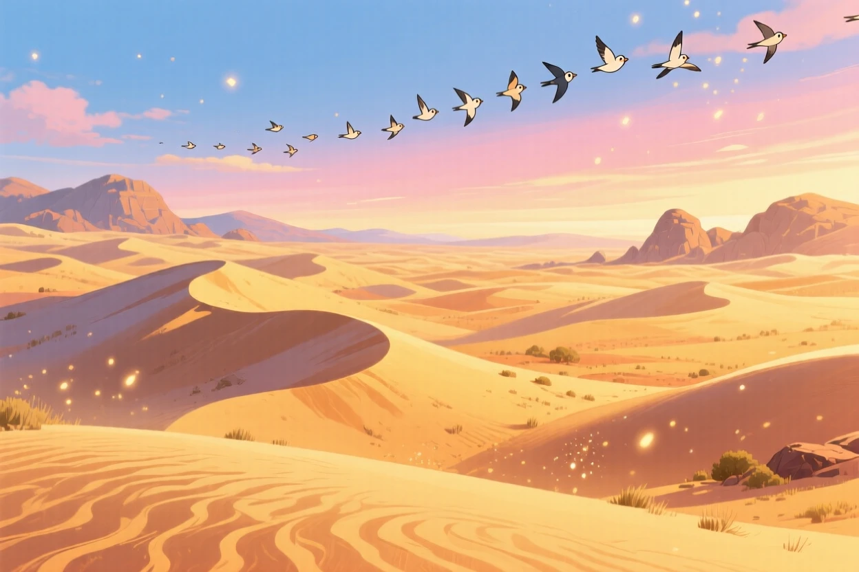 A breathtaking view of a desert dune field with rippled sand, with a distant flock of birds crossing the sky, at golden hour, framed with a wide panoramic view.